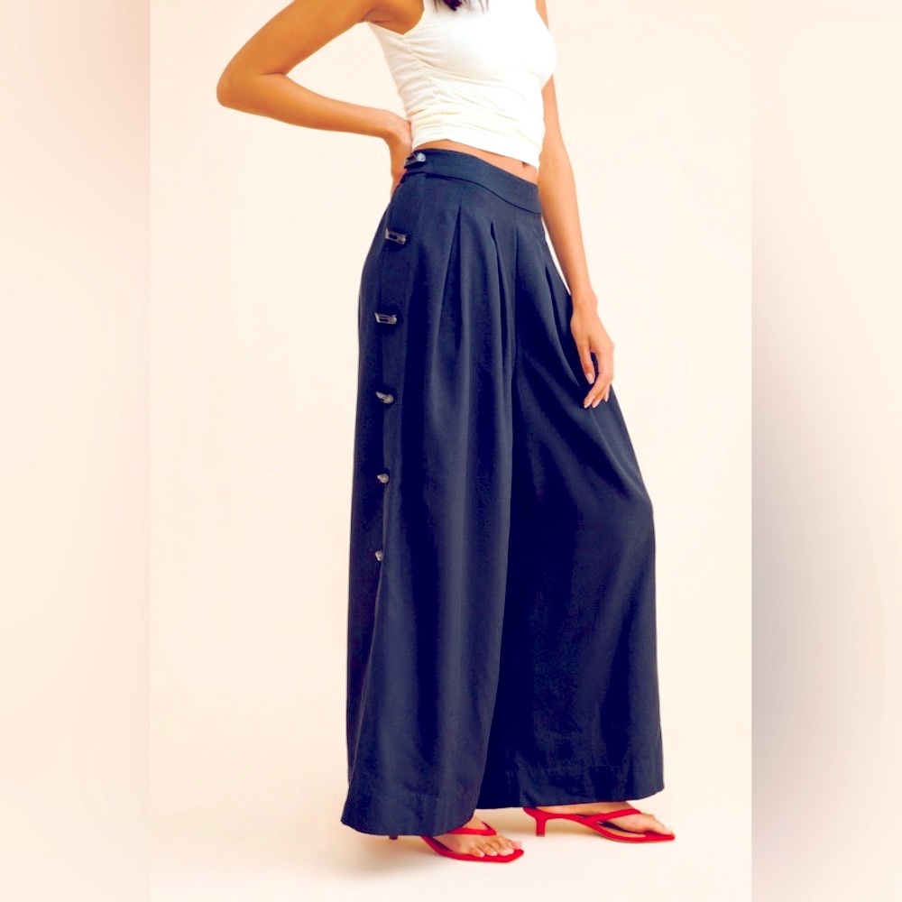 Farm Rio Black Wide Leg Trouser Pants Size Large Pleated Tailored - Picture 1 of 16
